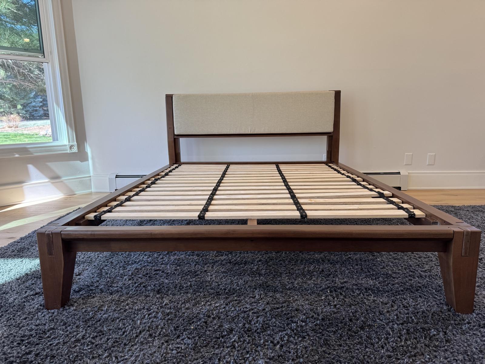 Well-built platform bed frame with slats